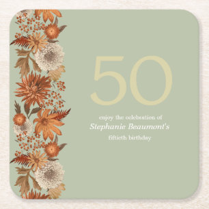 Woman's Autumn Flower Surprise 50th Birthday Square Paper Coaster