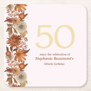 Woman's Autumn Flower Surprise 50th Birthday Square Paper Coaster