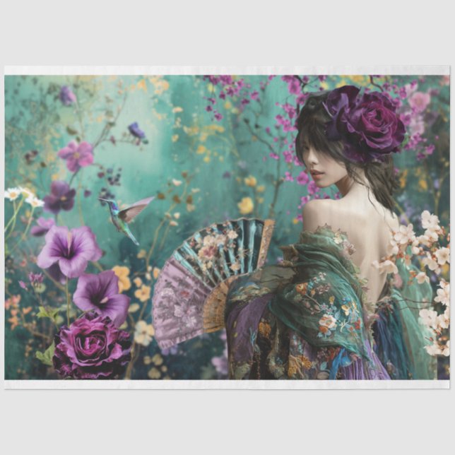 Woman's Back, Bird & Floral Fantasy Portrait Art Tissue Paper (Front)