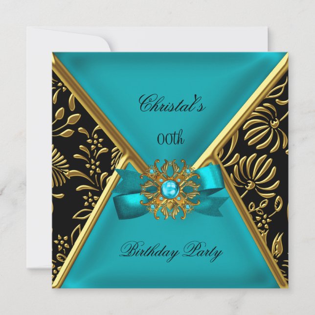Womans Birthday Party Gold Teal Black Gold Damask Invitation (Front)