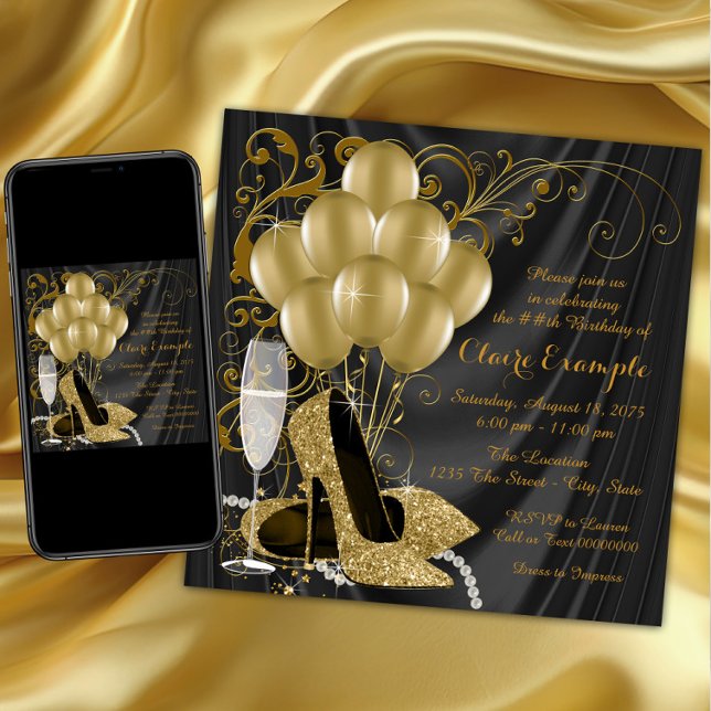 Womans Black and Gold Birthday Party Invitations (Womans black and gold high heel shoe birthday party invitation. High heel shoe invitation. Any #.)