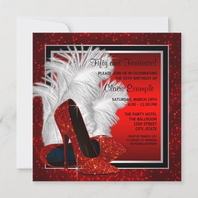 Womans Black and Red High Heels Birthday Party Invitation (Front)