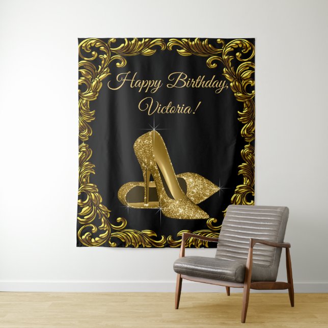 Womans Black Gold Shoe Birthday Party L Backdrop Tapestry (In Situ)