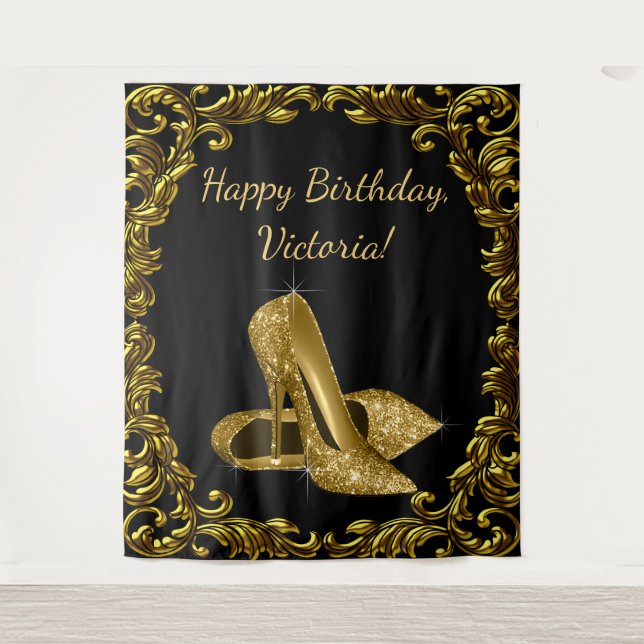 Womans Black Gold Shoe Birthday Party XL Backdrop Tapestry (Front)