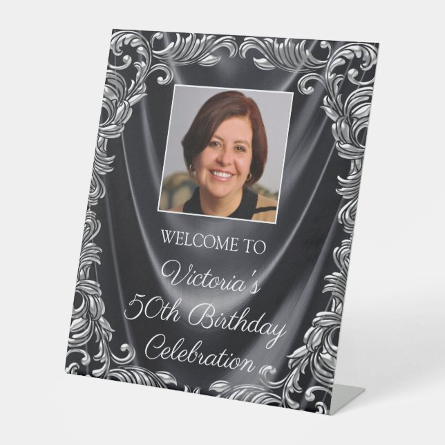 Womans Black Silver Photo Birthday Welcome Table Pedestal Sign (Front)