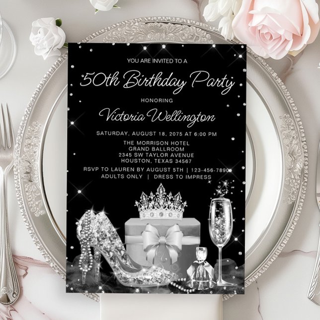 Womans Black Silver Shoe Any Number Birthday Party Invitation (Creator Uploaded)