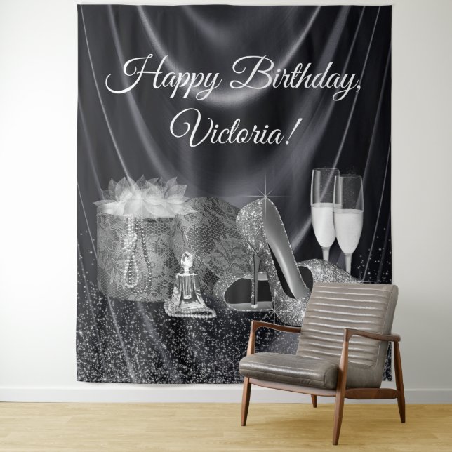 Womans Black Silver Shoe Birthday Party Backdrop Tapestry (In Situ)