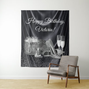 Womans Black Silver Shoe Birthday Party Backdrop Tapestry