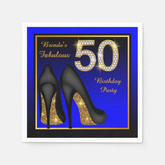 Womans Blue and Gold 50th Birthday Party Paper Napkins