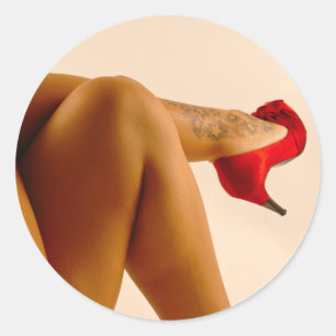 Woman's Crossed Bare Legs with Red High Heels Classic Round Sticker