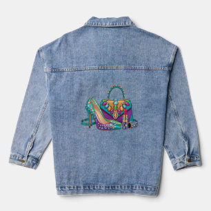 Womans Diamond Crystal Glam Heels and Chic Bag Denim Jacket