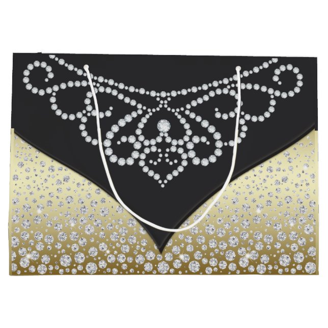 Womans Elegant Black Gold Diamond Large Gift Bag (Back)
