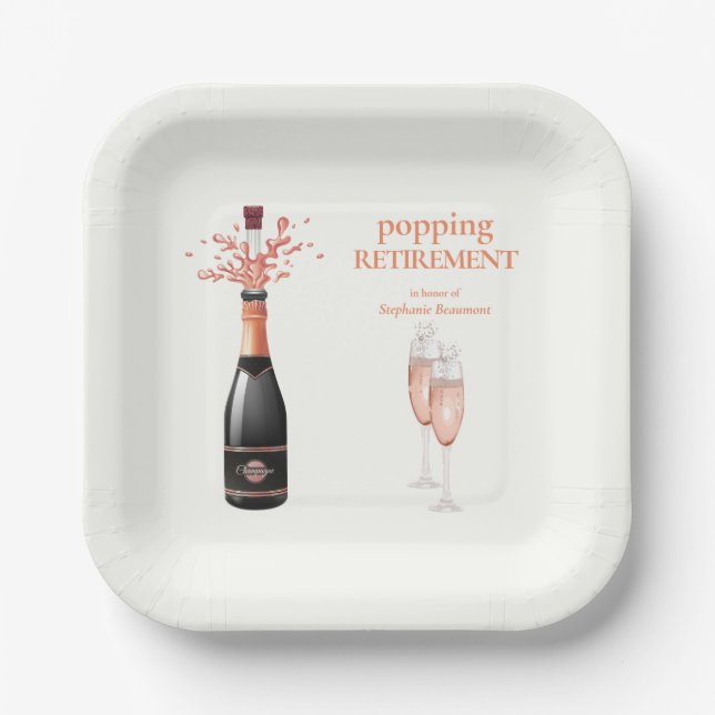 Woman's Elegant Popping Champagne Retirement Paper Plate (Front)