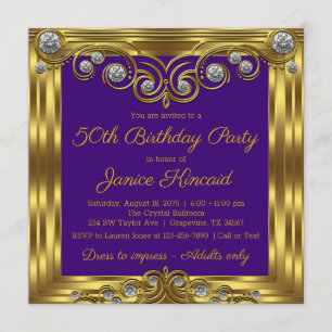 Womans Elegant Purple Gold Birthday Party Invitation