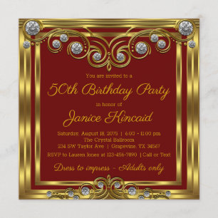 Womans Elegant Red Gold Diamond Birthday Party Invitation
