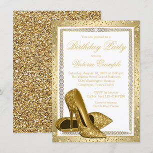Womans Elegant White Gold High Heel Shoe Birthday Invitation