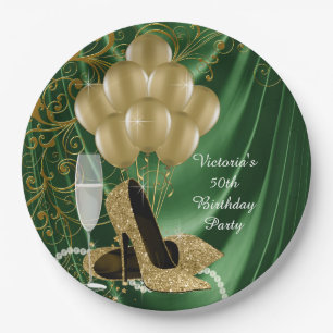 Womans Emerald Gold Birthday Party Paper Plates