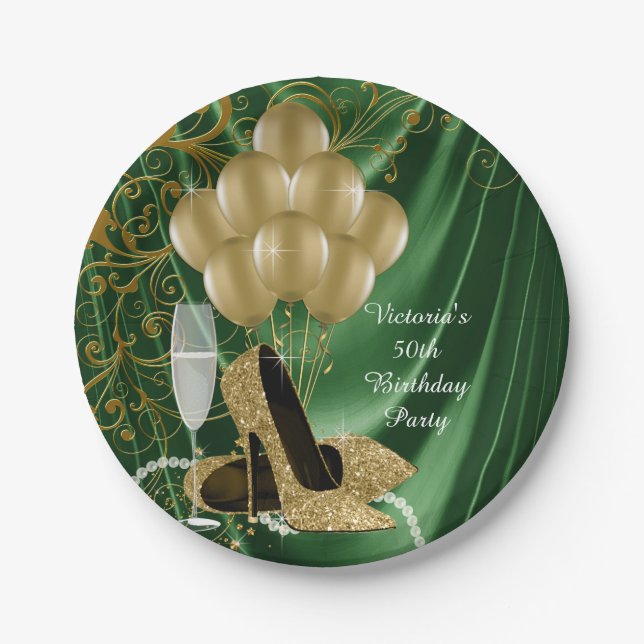 Womans Emerald Gold Birthday Party Paper Plates (Front)