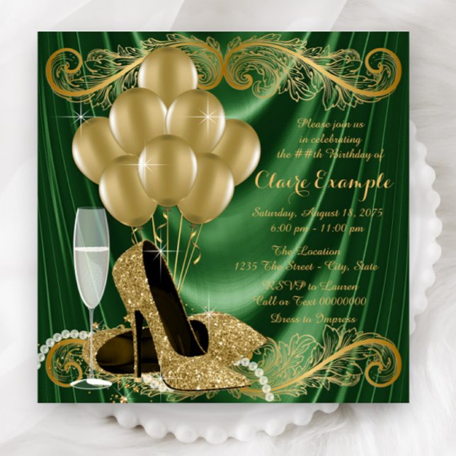 Womans Emerald Green and Gold Birthday Party Glam Invitation (Woman's emerald green and gold shoe any number birthday and event invitation.)