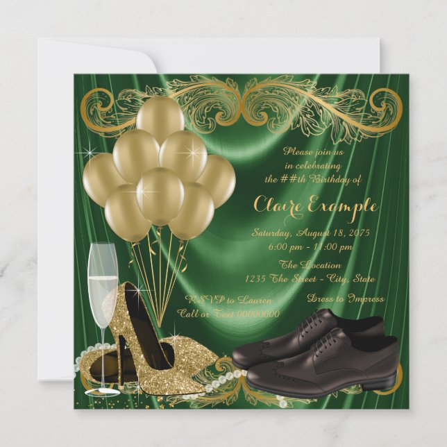 Womans Emerald Green Gold Shoe Birthday Party Invitation (Front)