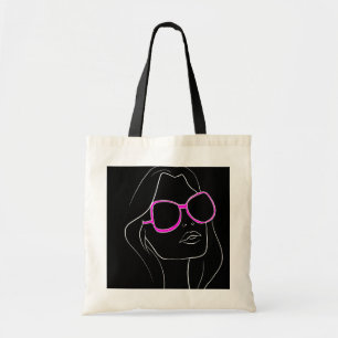 Woman's Face in Pink Sunglasses Black Retro Tote Bag