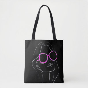 Woman's Face in Pink Sunglasses Black Retro Tote Bag