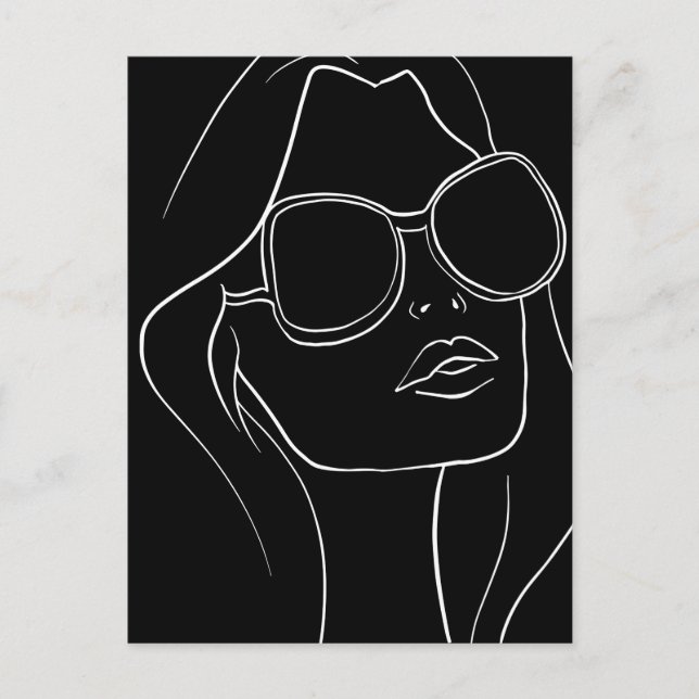 Woman's Face in Sunglasses Line Art Retro Black  Postcard (Front)