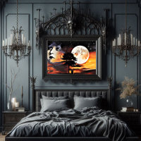 Womans face moon tree silhouette abstract art