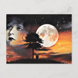 Womans face moon tree silhouette abstract art postcard