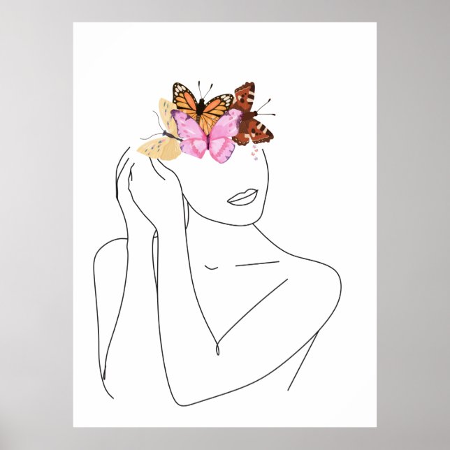 Woman's Face Portrait and Butterflies Line Art Pos Poster (Front)