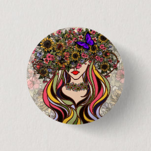 Woman's face, with flowers and butterflies throw p 1 inch round button