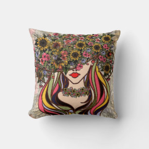 Woman's face, with flowers and butterflies throw p pillow