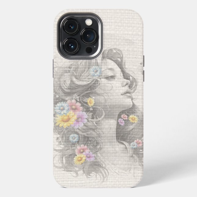 Woman's Face With Flowers Burlap Effect iPhone Case (Back)