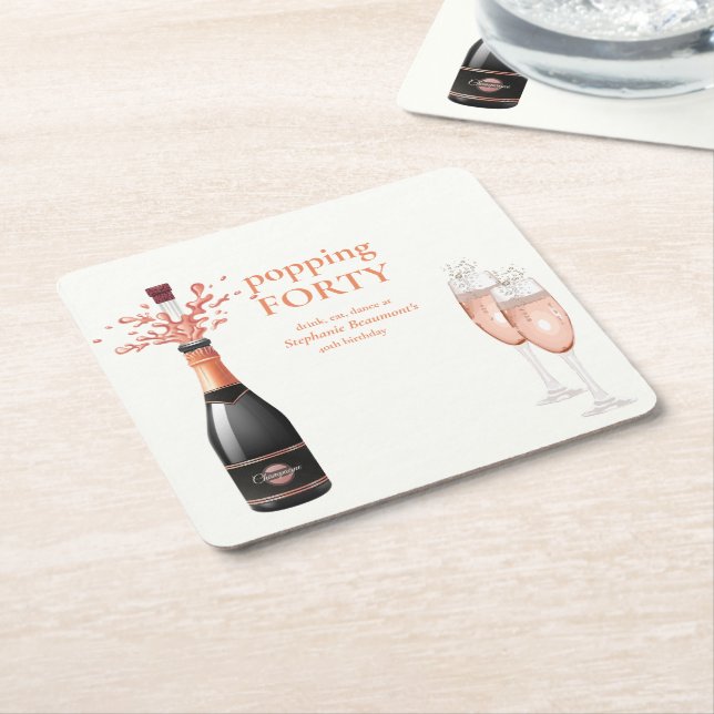 Woman's Funny Popping Champagne 40th Birthday Square Paper Coaster (Angled)
