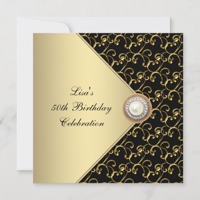Womans Gold Black Pearl Classy 50th Birthday Party Invitation (Front)
