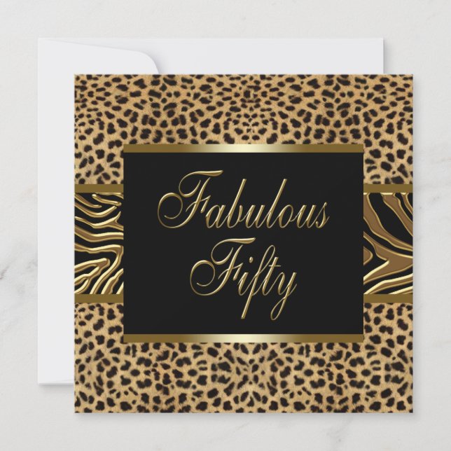 Womans Gold Leopard Zebra 50th Birthday Party Invitation (Front)