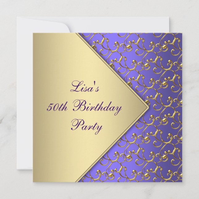 Womans Gold Purple 50th Birthday Party Invitation (Front)