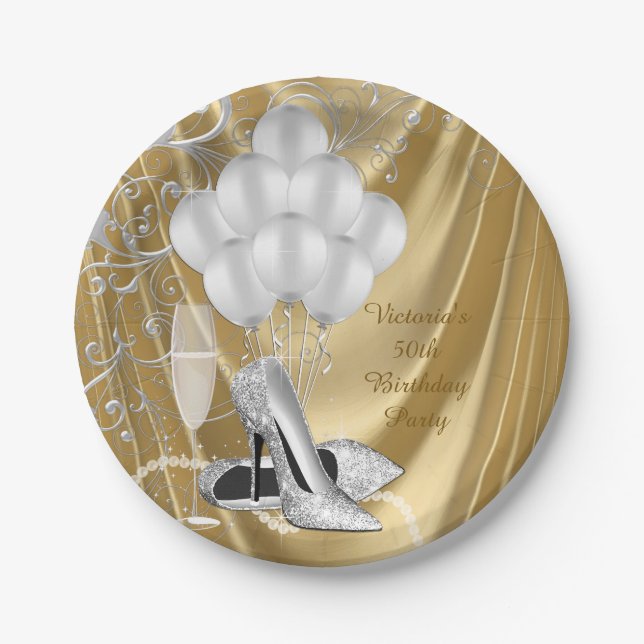 Womans Gold Silver Shoe Birthday Party Paper Plate (Front)