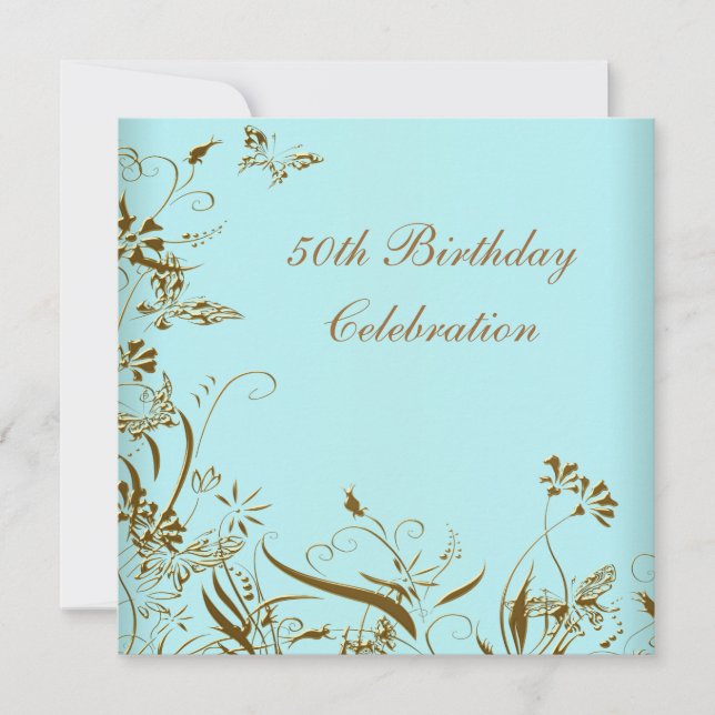 Womans Gold Teal Butterfly Elegant 50th Birthday Invitation (Front)