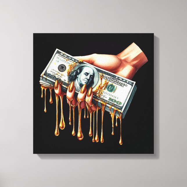 womans hand 100 dollar bill liquid gold dripping  canvas print (Front)