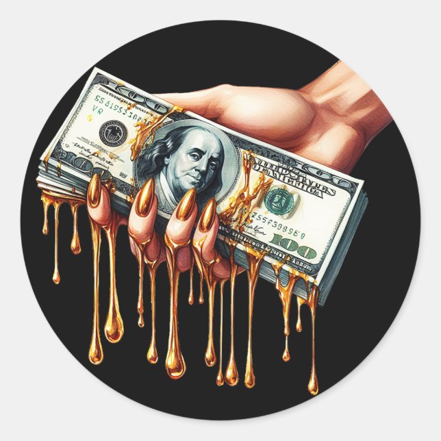 womans hand 100 dollar bill liquid gold dripping  classic round sticker (Front)