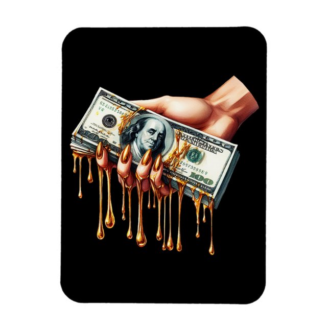 womans hand 100 dollar bill liquid gold dripping  magnet (Vertical)