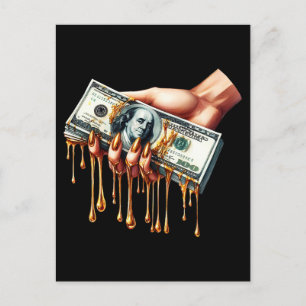 womans hand 100 dollar bill liquid gold dripping  postcard