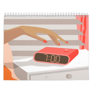 Womans hand pushing on alarm clock snooze button calendar