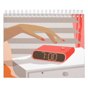Womans hand pushing on alarm clock snooze button calendar