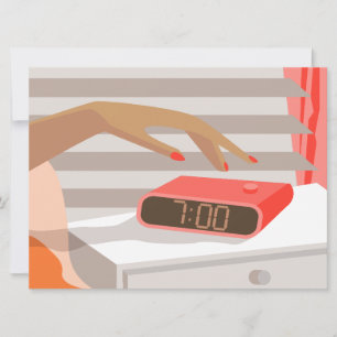 Womans hand pushing on alarm clock snooze button card