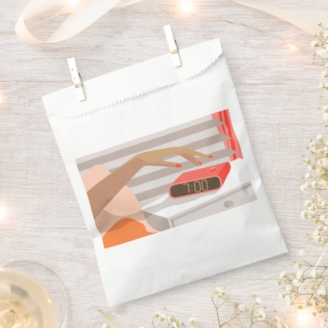 Womans hand pushing on alarm clock snooze button favour bag (Clipped)