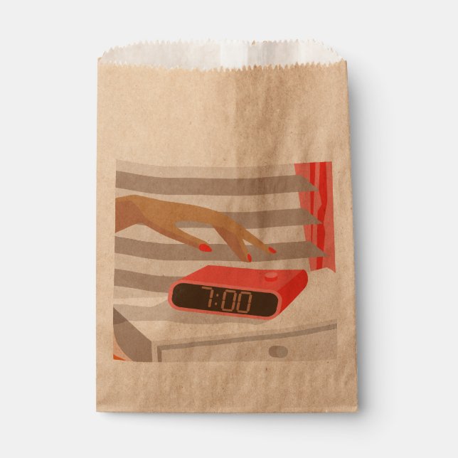 Womans hand pushing on alarm clock snooze button favour bag (Front)