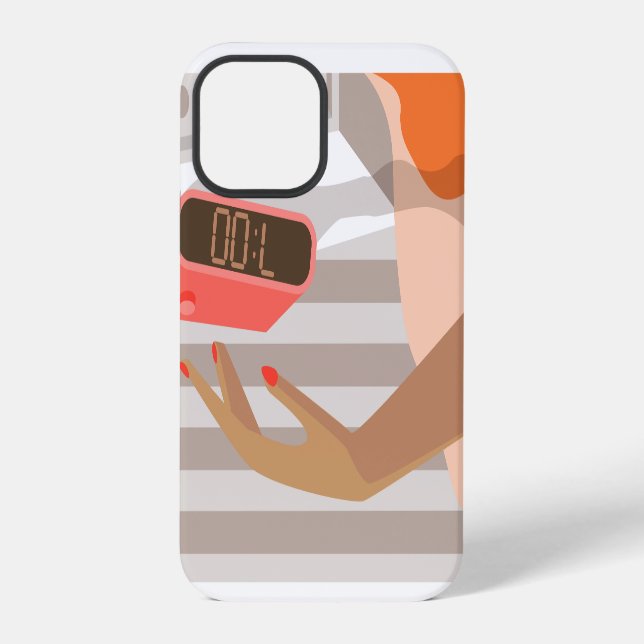 Womans hand pushing on alarm clock snooze button iPhone case (Back)