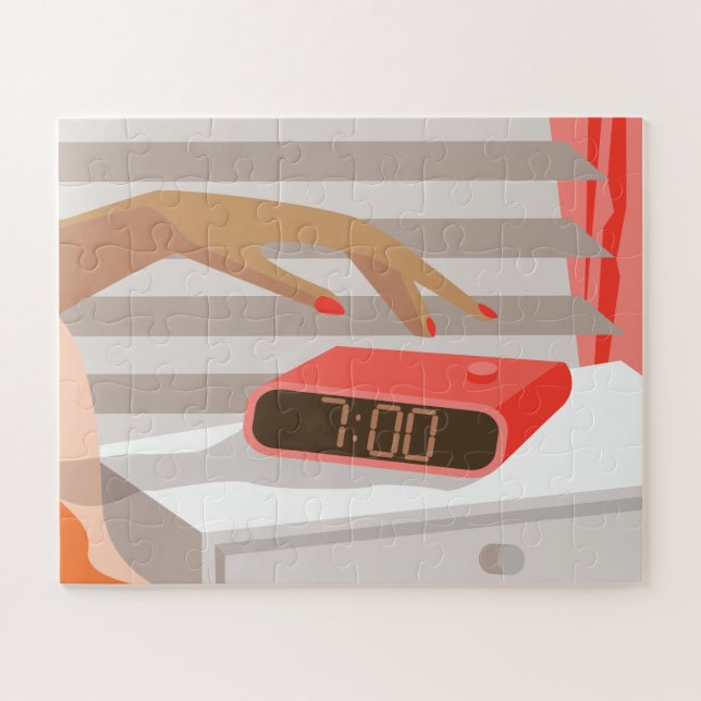Womans hand pushing on alarm clock snooze button jigsaw puzzle (Horizontal)